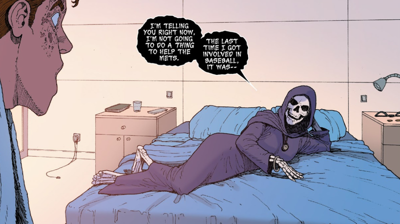 Death taking to Ben Reilly about baseball in Ben Reilly: Spider-Man #11.